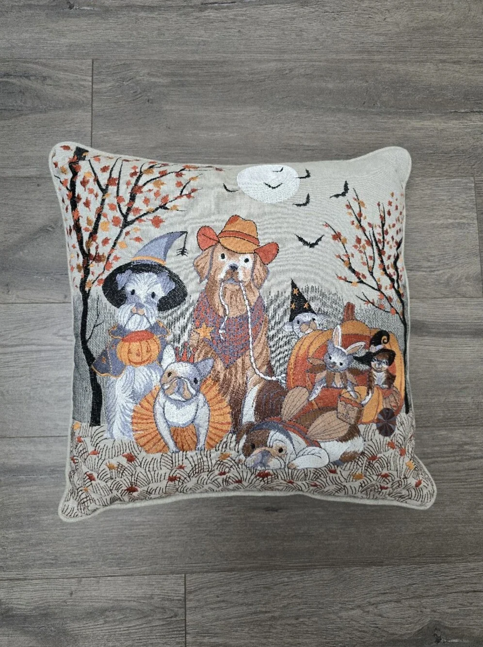 Pier 1 Fall Halloween Accent Pillow Embroidered Dogs & Cats